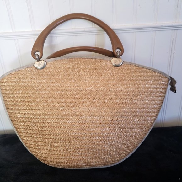 Pier Giorgio Womens Bag Straw Wood Handles Rhinestone Crescent Zip Closure Italy - Picture 8 of 10